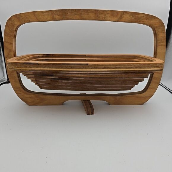 Vintage Deep Spring Collapsible Handcrafted Wood Basket Foldable Oval Home Decor - Picture 4 of 8